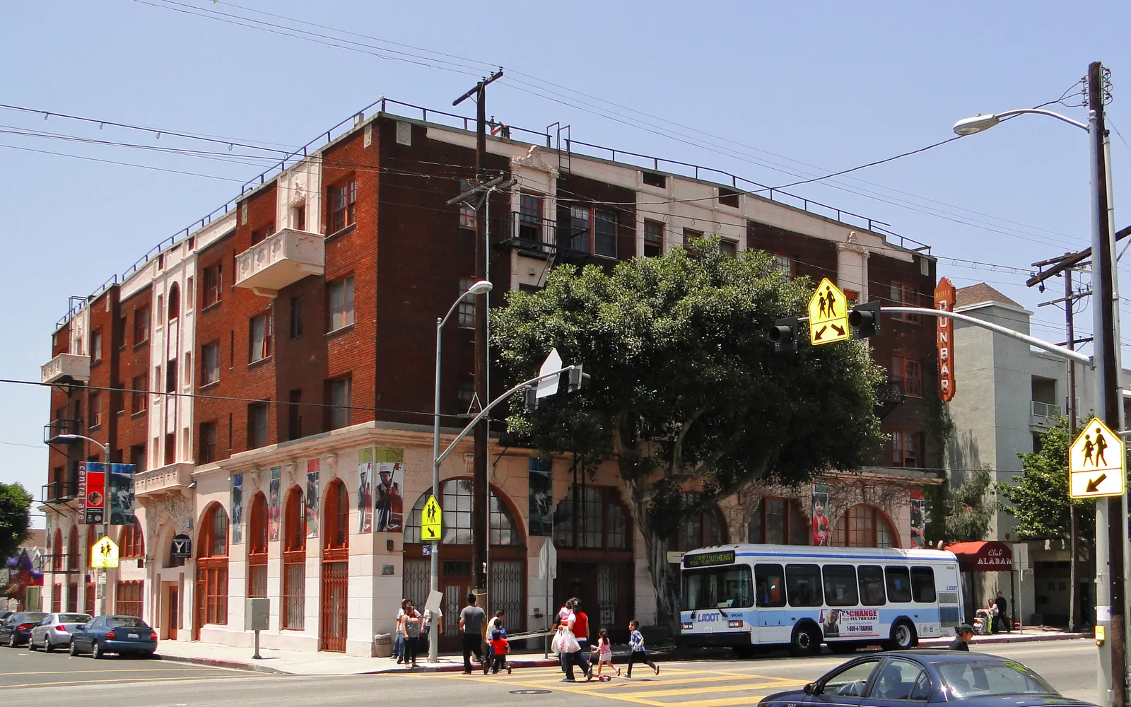 The historic facade of the Dunbar Hotel on Central Avenue in Los Angeles